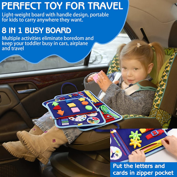 Aktivitetsbrett for småbarn, leketøy for 1-4 år, sensorisk, spenne, leketøy for læring, finmotorikk, gave til jenter, gutter, reise, fly, bil