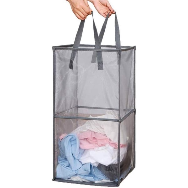Pop Up tvättkorgar - mesh nättvätt försvårar förvaring med handtag - Vikbar (svart/dubbelt lager)