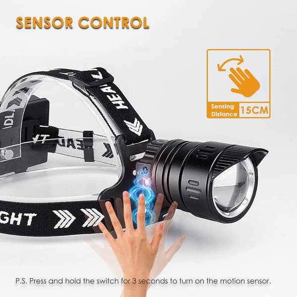 Superlys 10000 Lumen Hodelykt, XHP90.2 USB Oppladbar Hodelykt med Bevegelsessensor, 3 Lysmoduser, Variabelt Fokus,