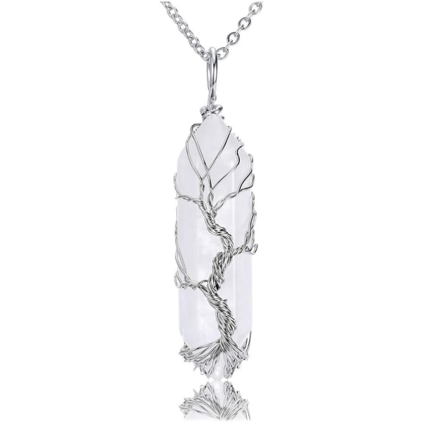 Naturlig klar kvarts Healing Kristallsten Halsband Livets träd Trådlindad sexkantig kristallspets hängande halsband