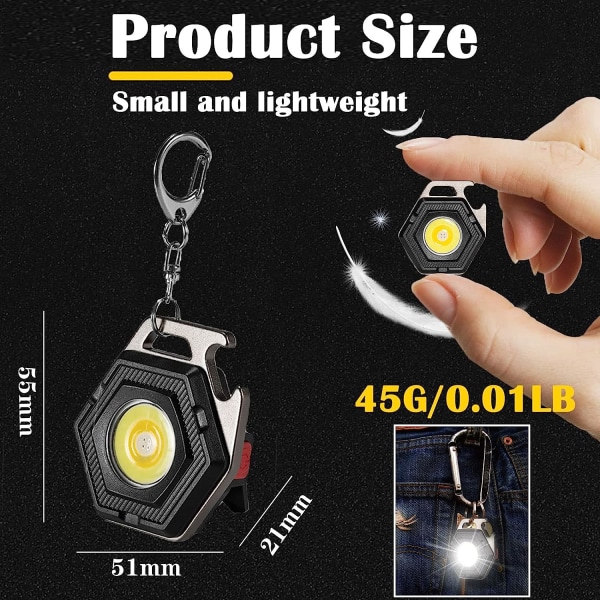 Mini cob ficklampa, LED uppladdningsbar nyckelring ficklampa, cob nyckelring ficklampa, 7 ljuslägen