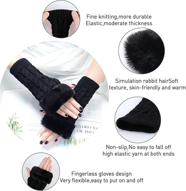 Fingerlösa handskar för kvinnor - Vinterhandledsvärmare för damer, termiskt stickade arm