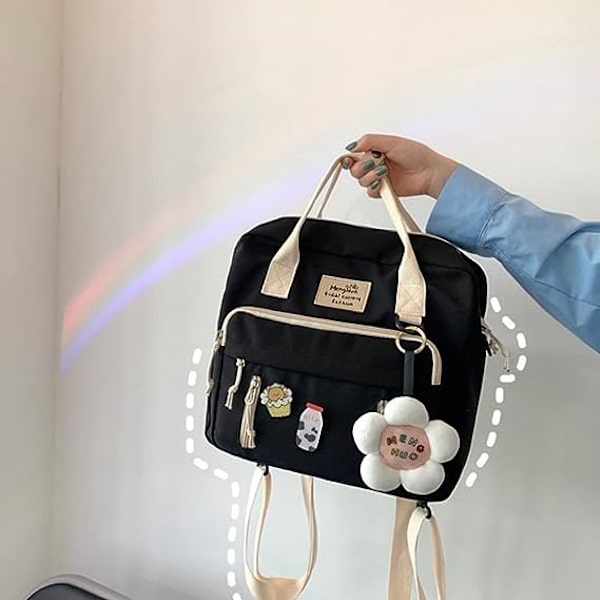 Kawaii-reppu kukka-riipuksella, söpö esteettinen reppu naisille, kawaii-laukku kawaii-neulalla ja tarvikkeilla, kannettava tietokoneen kirjakassi
