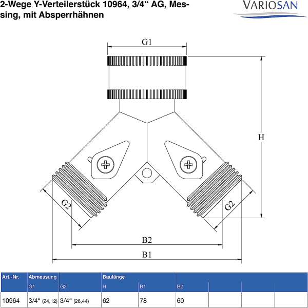10964 2-vejs Y-fordeler, 3/4\" han, messing, med afspærringsventiler