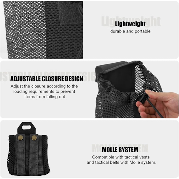 Sammenleggbar Mesh-pose med snor Multifunksjonell verktøypose Gjenvinningspose Dumppose for belte vest ryggsekk utendørsaktiviteter Black