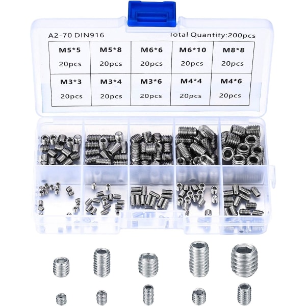 200 delar rostfria stålskruvar, M3 M4 M5 M6 M8 maskinskruvar, sortiment stansskruvfästesats