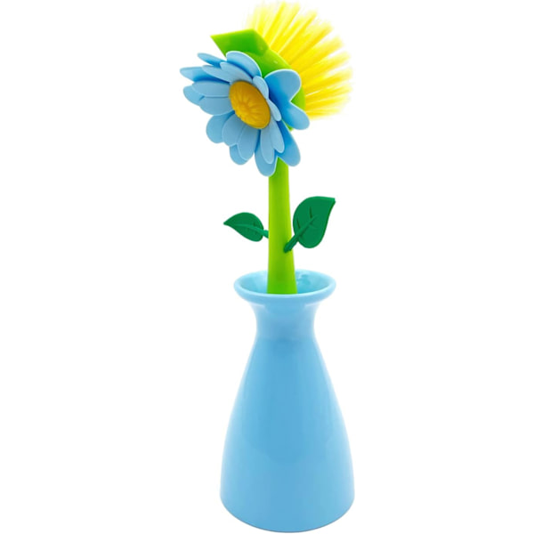 Langskaftet opvaskebørste, blomsterformet opvaskebørste i nylon med stativ til køkkenopvask