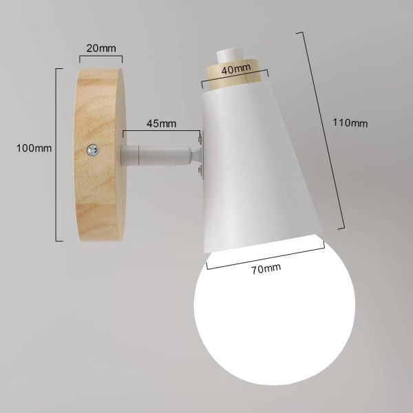 Retro vägglampa inomhus 360° roterbar trävägglampa E27 vägglampa för sovrum, kök, (2 stycken - vit)