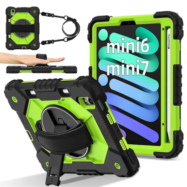 Kotelo iPad mini (2024)/(2021) -tableteille, silikoni+PC, jalusta ja kätevä hihna