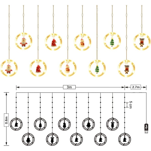 Jouluikkuna valoköynnös, sisätilojen joulukoriste, jouluvaloverho, jouluripustus, 120 LEDiä, 8 kaukosäätimen valaistusmoodia, USB-lataus