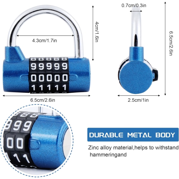 5-numeroinen yhdistelmälukko, 2 kpl lukko kuntosalille, Nollausyhdistelmälukot kaapille, työkalulaatikolle, aidoille, pyörälle jne. Sininen