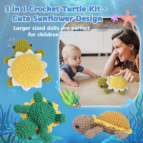 Virka Kit för Nybörjare, Solros Sköldpadda Virka Kit för Vuxna, Komplett Virknålssats med Instruktioner 3 PC