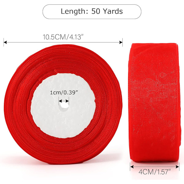 4cm x 45M Organza-nauha, Punainen Läpinäkyvä Organza-nauha, Organza-nauha Rulla, Hää-, Joulu- ja Kakkujen Käärimiseen