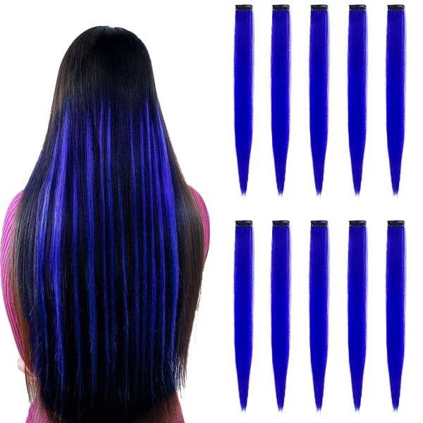 22 tums färgat hårförlängning, multifärgad festklipp med syntetiska hårförlängningar (10 st blå)