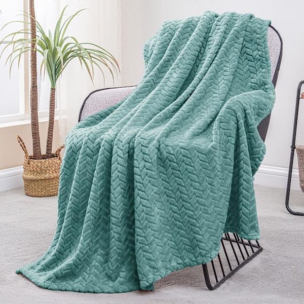 Flannel tæppe, 127x178 CM sofa tæpper, blødt jacquard vævet blade mønster tæpper til sofa, celadon tæppe