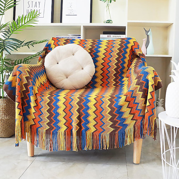 Strikket tæppe med kvaster Houndstooth Bohemian Check Cozy Woven Blanket Sofa Throws Varmt lænestolbetræk Tæppe, 130 * 230CM (inklusive kvaster)