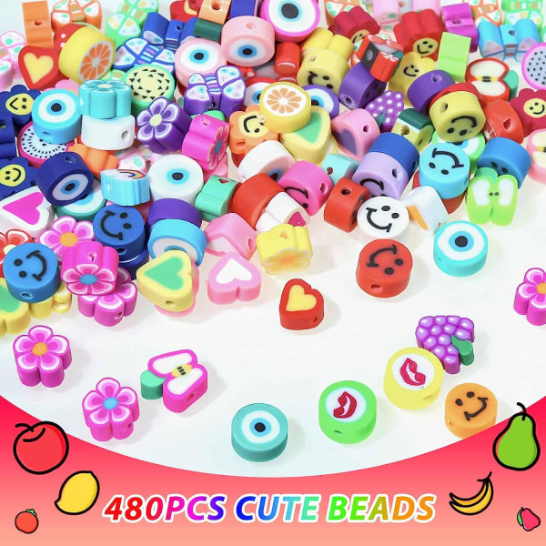 480 st Fruit Flower Polymer Clay Beads, 24 Styles Trendiga Söta Smiley Bead Berlocker