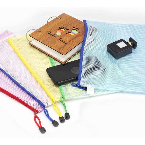 5 stk. A4-lommer i plast - Mapper med lynlås - Ekstra tykke dokumentlommer i mesh med lynlås - Ziplock-poser - A4-lommer i plast - Skoleartikler