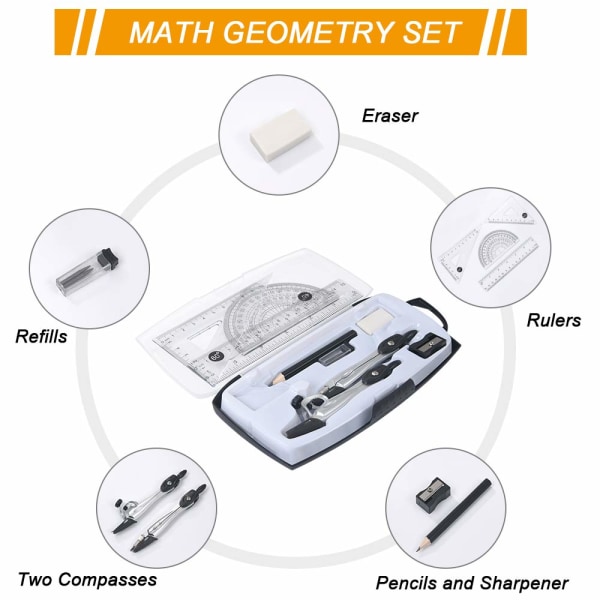Geometrian harppikompassisetti, 10-osainen matematiikkasarja matkalaukussa, opetustarvikkeet, joissa on 2 piirustuskompassia, matematiikan kulmamittasarja