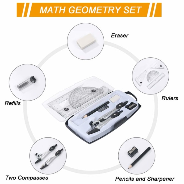 Geometry Compass Set, 10 delar matte set i resväska, utbildningsmaterial med 2 ritkompasser, Math gradskiva set