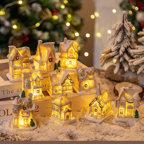 Julgransprydnader julklappar jul LED-hus prydnad ljus harts små presenter inomhusdekoration hus by stuga (Stil E) Style E