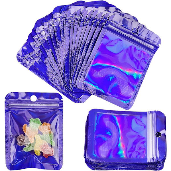 Folie Ziplock-påsar, 100 st återförslutningsbara luktfria matförvaringspåsar Holografiska förpackningspåsar Genomskinliga platta folieväskor (7,5*10 cm, blå)