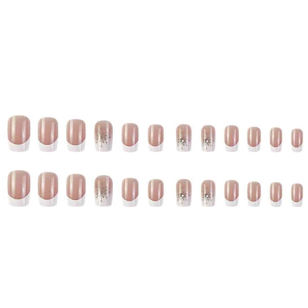 Nude Fake Nails Tips Square French Press on Nails Rhinestone Medium Length Wear Artificail Nails for Nail Art Manicure Decoration,24pcs