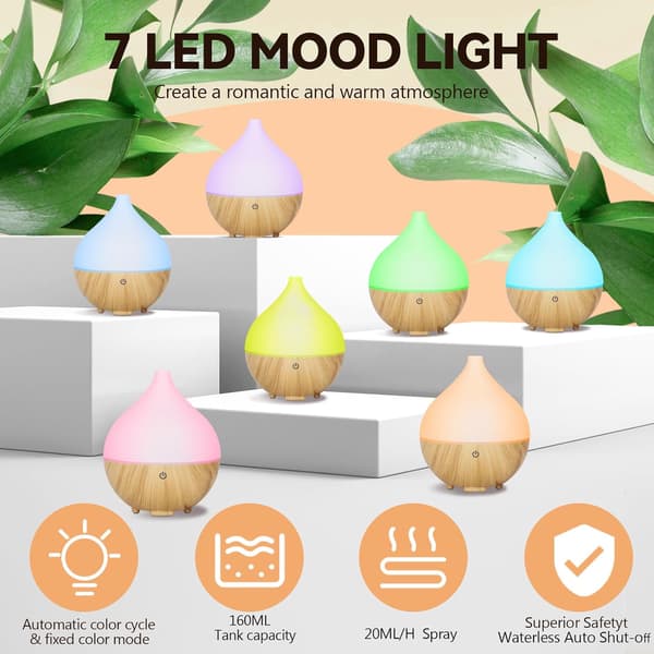 Eterisk oljediffuser, 160 ml aromadiffuser, diffuser med automatisk avstenging for stue, soverom, yoga, massasje