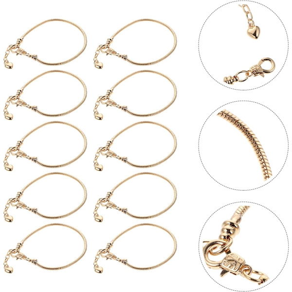 10-pack silverfärgade ormskedjekedjor med berlocker i rostfritt stål, justerbart armband med hjärtformad hummerlås, guld