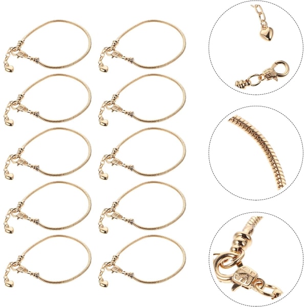 Förpackning med 10 Silver Snake Chain Charm Armband Rostfritt stål Justerbart Slider Armband med Hjärt Hummer Spänn Förlängare, Guld