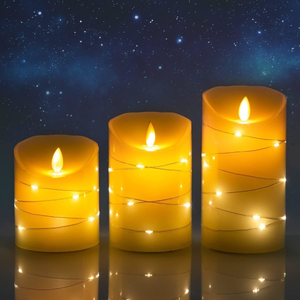LED flammefri stearinlys, med indlejret stjernestreng, 24-timers timerfunktion, dansende flamme