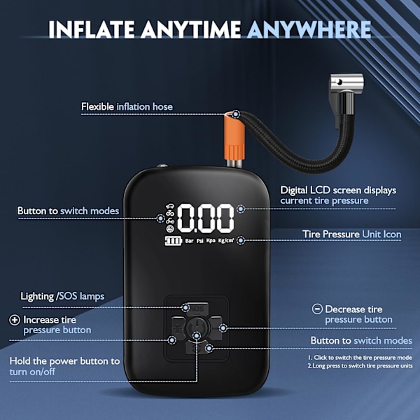 Kannettava Ilmakompressori, 3600mAh Mini Sähköinen Ilmapumppu 150PSI Sähköpyörän Pumppu Digitaalisella LCD-näytöllä 4 Tilaa Latautuva Auton Rengaspaineen Nostin