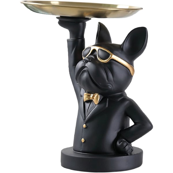 Vinbcorw fransk bulldogfigur med bricka rostfritt stål, bordsdekoration skulptur dekoration, nyckelskål staty små delar, behållare, svart