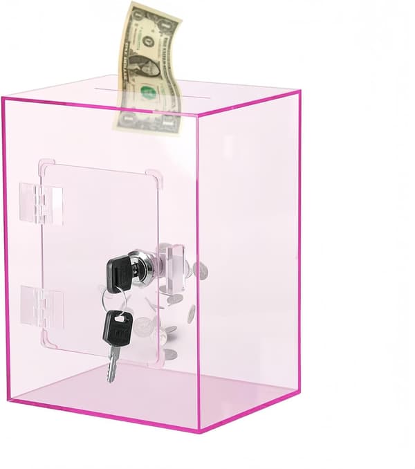 Klar sparegris med nøgle, genanvendelig stor åbenbar pengeboks (pink)