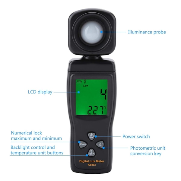 200.000 Lux Meter, Nøjagtig LCD Display Lux Meter, As803 Håndholdt Digital Display Ultra-Bredt Område til LED Planter Indendørs Udendørs Lystester