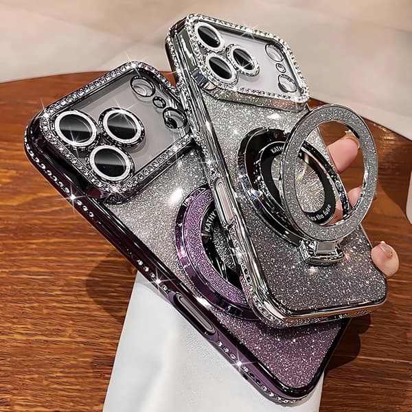 Magnetisk stativ for iPhone 18 Pro-deksel med glitter, bling og kort, svart Black iPhone18PRO