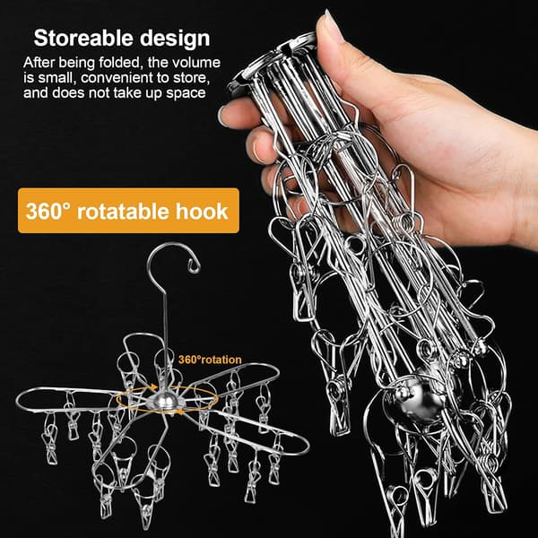 Rustfrit sokkerholder i rustfrit stål, sammenklappelig sokketørrer i rustfrit stål med 20 clips