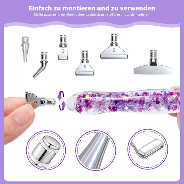 Diamantmålningspennset, diamantmålningspenntillbehör med 6 diamantpennspetsar i metall, glöddiamantmålningspenna