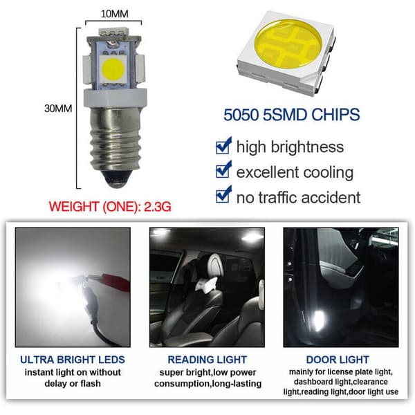 10 stk. E10 6V Cool White LED Pærer 5SMD 0.5W 50LM Lamper (Cool White)