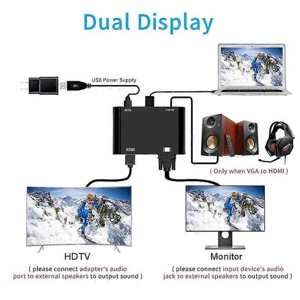 VGA til HDMI+VGA Adapter 1 ind 2 ud med 3,5 mm Lydkabel Understøtter VGA til HDMI VGA PC Projektor