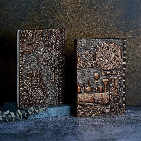Vintage 3D-kohokuvioitu nahkainen kirjoituslehtiö, A5, 200 sivua, antiikkinen käsintehty päivittäinen muistikirja, matkapäiväkirja ja muistikirja kirjoittamiseen Train-(RedBronze) 8.4x5.7In