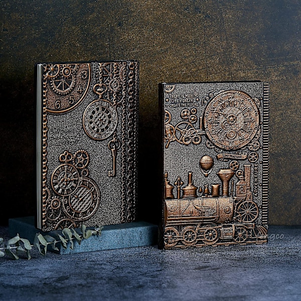 Vintage 3D præget læder skrivejournal, A5, 200 sider, antik håndlavet daglig notesblok skitsebog, rejsedagbog og notesbog at skrive i Train-(RedBronze) 8.4x5.7In
