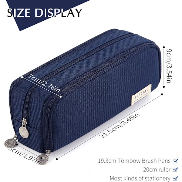 Etui med stor kapacitet, 3 rum, pennepose til skoleteenagere Navy 8.46*2.76*3.54in
