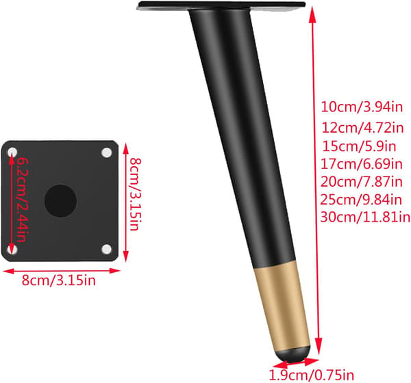 Set med 4 Möbelben 10cm Metall Stolsbordfötter med Tyst Halksäker Bas Svart+Guld