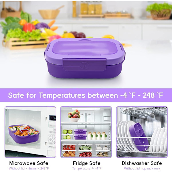 Bento Lunsjboks for Voksne og Barn, 4 Roms Lunsjboks for Menn og Kvinner med Bestikk, Lilla