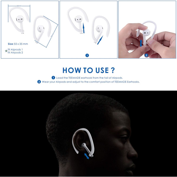 2 par AirPods-kompatible ørekroker, sportsørepropper for løping, jogging, sykling, treningssenter og andre treningsaktiviteter (svart)