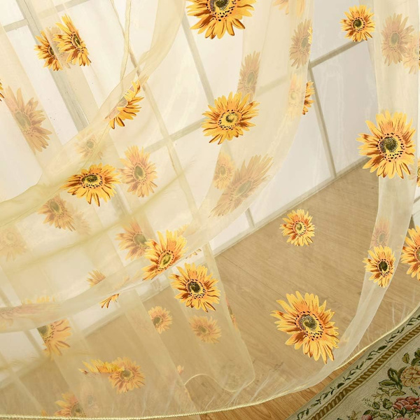 Solsikke Semi-Transparent Gardiner med Øjer, Voile Gardin Transparent Flora Blomster 95x200cm