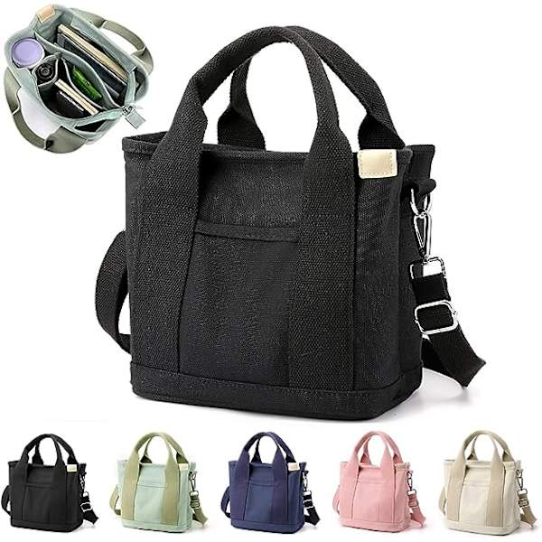 Lerretsveske for kvinner, flerlommevesker og skuldertasker med glidelås, crossbody-veske for skole, shopping, reiser, arbeid, daglig bruk