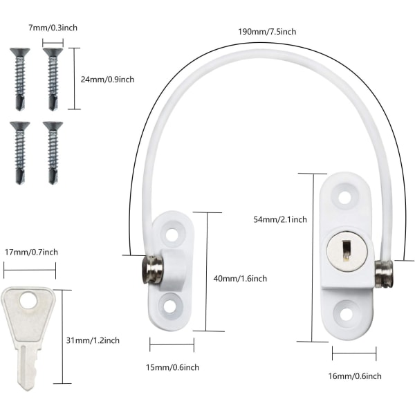 Möbelsäkerhetslås Dörr Fönster - 2 st med vit nyckelkabelbegränsare 190 mm - Baby Child Safety Cable Opener