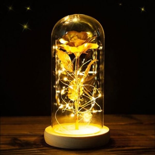 Lampe Glas Rose med LED Lys Fyrretræ Base Mors Dag Valentinsdag Fødselsdag Bryllup Hjem Indretning -- Log Låg Glas Blad